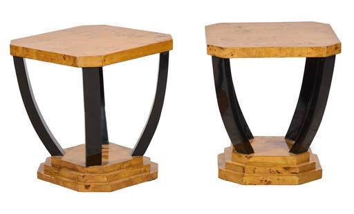 Pair of Art Deco Style Burled Side Tables, 21st c., H.- 22 in., W.- 19 1/2 in., D.- 19 1/2 in.: Pair of Art Deco Style Burled Side Tables, 21st c., the square burled veneer top with canted corners, ebonized inward reaching legs, stepped burled veneer octagonal base, H.- 22 in., W.- 19 1/2 in., D
