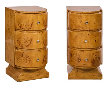Pair of Art Deco Style Burled Nightstands, 21st c., Each- H.- 33 in., W.- 16 3/4 in., D.- 21 in. (2