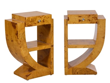Pair of Art Deco Style Burled Nightstands, 21st c., Each- H.- 29 1/2 in., W.- 19 1/4 in., D.- 13 in.