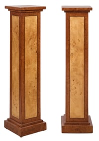 Pair of Art Deco Inspired Burled Wood Columns, 21st c., Each- H.- 49 1/4 in., D.- 12 1/4 in., D.- 12