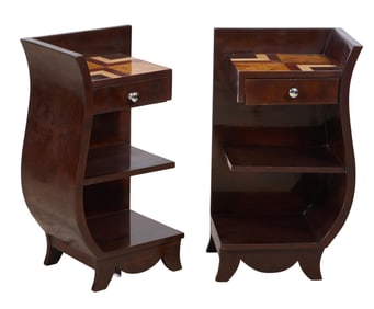 Pair of Art Deco Rosewood, Burl, and Mahogany Veneered Single Drawer Nightstands, 21st c., Each- H.-