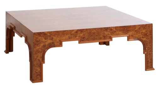 Large Chinoiserie Inspired Custom Burled Coffee Table, 20th c., H.- 18 1/2 in., W.- 48 in., D.- 48