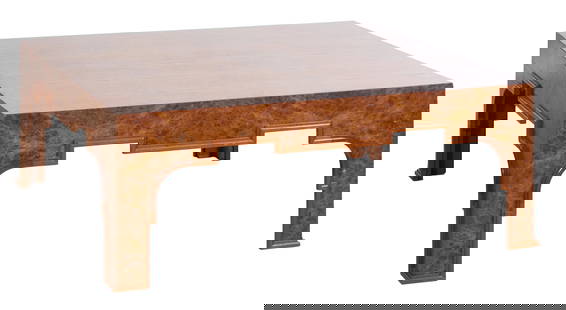 Large Chinoiserie Inspired Custom Burled Coffee Table, 20th c., H.- 18 1/2 in., W.- 48 in., D.- 48: Large Chinoiserie Inspired Custom Burled Coffee Table, 20th c., the square top with walnut veneer squares, the moulded keyed apron into spandrel decorated legs, H.- 18 1/2 in., W.- 48 in., D.- 48 in.