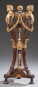 Classical Style Marble Top Gilt and Mahogany Pedestal, 20th c., H.- 46 in., Dia.- 17 1/2 in.