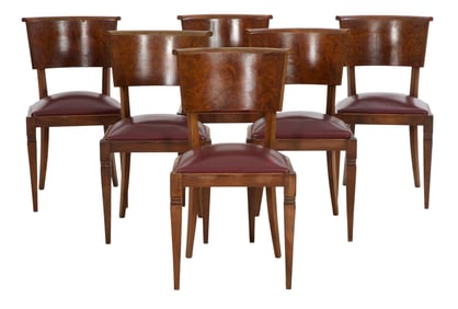Set of Six French Art Nouveau Burled Walnut Side Chairs, early 20th c., Each- H.- 33 1/2 in., W.- 18