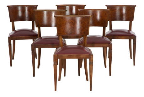 Set of Six French Art Nouveau Burled Walnut Side Chairs, early 20th c., Each- H.- 33 1/2 in., W.- 18: Set of Six French Art Nouveau Burled Walnut Side Chairs, early 20th c., the shaped scrolled wide tablet backs, over inset seats, on double reed carved saber legs, Each- H.- 33 1/2 in., W.- 18 1/2 in.,