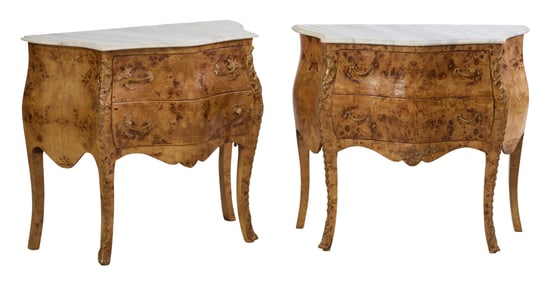 Pair of Louis XV Style Marble Top Burled Bombe Bedside Commodes, 21st c., Each- H.- 29 1/2 in., W.-