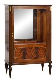 French Louis XVI Style Marble Top Walnut Vitrine, 20th c., H.- 57 1/2 in., W.- 37 in., D.- 19 1/2