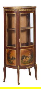 French Louis XVI Style Ormolu Mounted Marble Top Scenic Vitrine, 20th c., H.- 53, W.- 24 1/2 in.,: French Louis XVI Style Ormolu Mounted Marble Top Scenic Vitrine, 20th c., the pierced brass partial brass galleried red marble top over a brass mounted frieze, over a shaped curved glazed single door