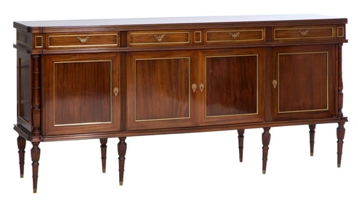 French Directoire Style Brass Trimmed Mahogany Enfilade, mid 20th c., H.- 40 in., W.- 86 1/2 in.,