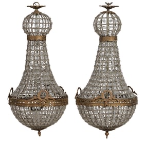 Pair of Diminutive Crystal and Iron Basket Chandeliers, 21st c., H.- 24 in., Dia.- 12 in..- (2 Pcs.)