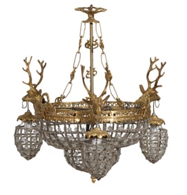 Crystal and Brass Deer Five Light Basket Chandelier, 21st c., H.- 18 in., Dia.- 20 in.