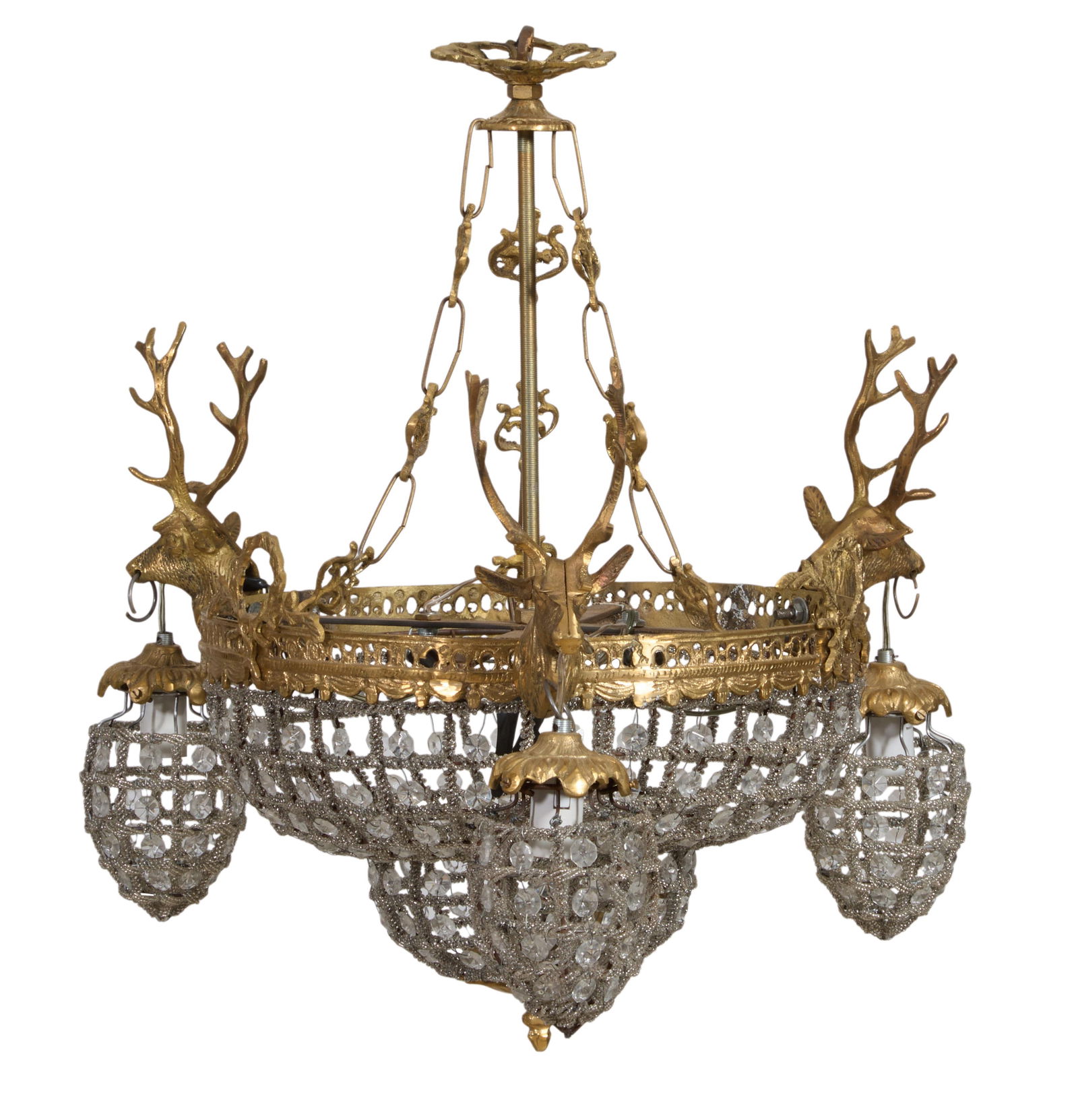 Crystal and Brass Deer Five Light Basket Chandelier, 21st c., H.- 18 in., Dia.- 20 in. (1 of 1)