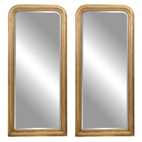 Pair of Louis Philippe Style Giltwood Overmantel Mirrors, 21st c., Each- H.- 78 in., W.- 35 in., D.-