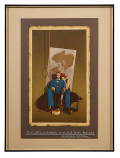 Richard Amsel (American, 1947-1985), "Life and Times of Judge Roy Bean (Featuring Paul Newman),": Richard Amsel (American, 1947-1985), "Life and Times of Judge Roy Bean (Featuring Paul Newman)," 1972, key art silkscreen on faux acrylic painted deckle-edged paper, titled lower center in textbox, fr