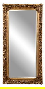 Belle Epoque Style Giltwood Mirror, 21st c., H.- 80 in., W.- 40 in.: Belle Epoque Style Giltwood Mirror, 21st c., relief carved foliate and floral surround with acanthus corners, coved inner liner, beveled mirror plate, H.- 80 in., W.- 40 in.