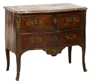 French Louis XV Ormolu Mounted Marble Top Parquetry Commode, 18th c., H.- 32 in., W.- 38 in., D.- 21