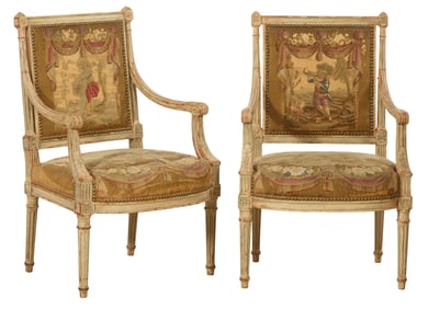 French Louis XVI Style Creme Peinte Needlepoint Fauteuils, early to mid 19th c., Each- H.- 35 1/2