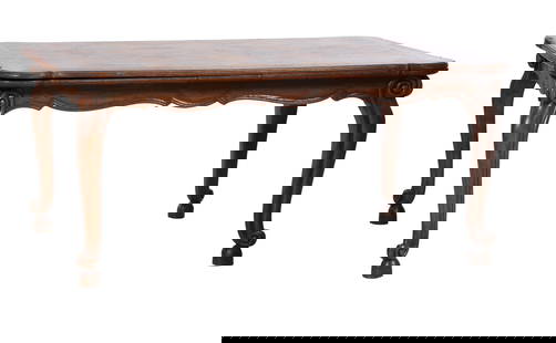 French Provincial Louis XV Style Parquetry Extension Dining Table, 20th c., H.- 31 in., W.- Closed-: French Provincial Louis XV Style Parquetry Extension Dining Table, 20th c., the shaped inlaid top over two conforming draw leaves, spurred apron joining raised volute scrolled cabriole legs, H.- 31 in