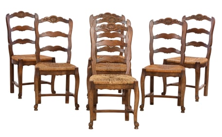 Set of Seven Rush Seat French Provincial Walnut Side Chairs, 20th c., Each- H.- 38 1/4 in., W.- 19