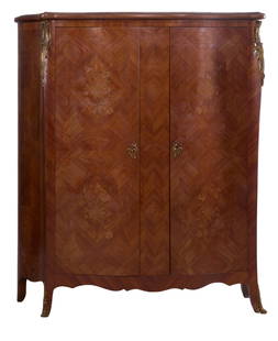 French Transitional Louis XV/XVI Style Ormolu Mounted Parquetry and Marquetry Armoire, 20th c., H.-: French Transitional Louis XV/XVI Style Ormolu Mounted Parquetry and Marquetry Armoire, 20th c., the shaped moulded flat top over two shaped parquetry marquetry inlaid doors, mounted stiles into mounte