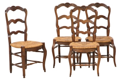 Set of Four French Provincial Carved Oak Dining Chairs, 20th c., Each- H.- 37 1/2 in., W.- 17 in.,