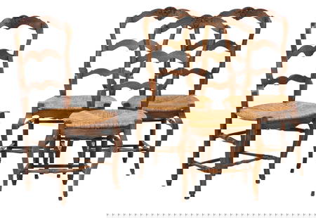 Set of Four French Provincial Carved Oak Dining Chairs, 20th c., Each- H.- 37 1/2 in., W.- 17 in.,: Set of Four French Provincial Carved Oak Dining Chairs, 20th c., the arched basket carved crest slat over graduated slats, rush seats, raised shaped cabriole legs with turned 'H' stretchers, Each-