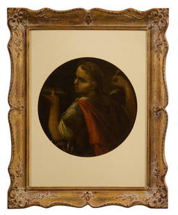 Continental School (19th Century), "Self-Portrait as a Distinguished Roman," Sight- Dia.- 7 1/2 in.,: Continental School (19th Century), "Self-Portrait as a Distinguished Roman," oil on panel, unsigned, presented in a round linen mat and gilt frame, Sight- Dia.- 7 1/2 in., Framed- H.- 14 3/4 in., W.-