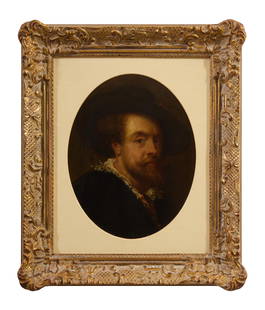 After Peter Paul Rubens (Flemish, 1577-1640), "Self Portrait," 19th c., Sight- H.- 8 in., W.- 6 1/4: After Peter Paul Rubens (Flemish, 1577-1640), "Self Portrait," 19th c., oil on wood panel, after the famous self-portrait of the artist, presented in an oval mat and gilt frame, Sight- H.- 8 in., W.-