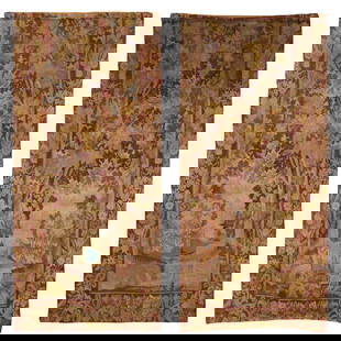 Two Continental Landscape Tapestries, late 19th/early 20th c., Each- H.- 104 in., W.- 49 in. (2: Two Continental Landscape Tapestries, late 19th/early 20th c., the banner form textiles with goats or ducks in a village landscape surrounded by a floral border, Each- H.- 104 in., W.- 49 in. (2 Pcs.)