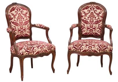Pair of French Louis XV Style Beech Fauteuils, 19th c., Each- H.- 35 in., W.- 24 in., D.- 21 in. (2