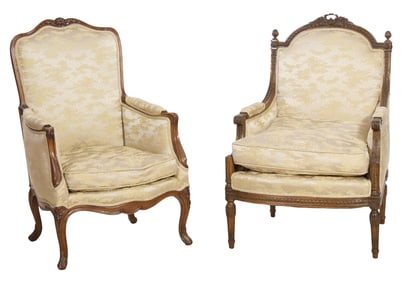 Two French Carved Beech Bergers, 20th c., Louis XV- H.- 39 in., W.- 25 in., D.- 24 in.; Louis XVI-