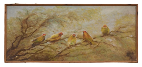 Continental School (20th Century), "Five Saffron Finches Perched on a Branch," H.- 13 1/4 in., W.-