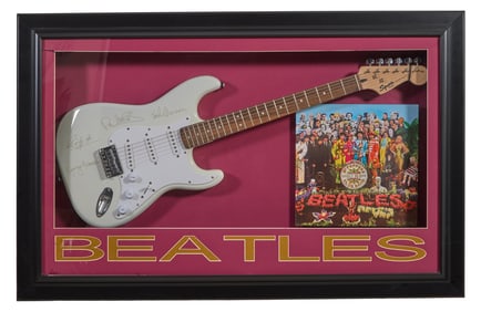 Beatles Autographed Squier Guitar, Overall- H.- 28 3/4 in., W.- 44 3/4 in., D.- 4 in.