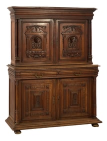 French Renaissance Revival Carved Walnut Buffet a Deux Corps, 19th c., H.- 75 in., W.- 56 in., D.-