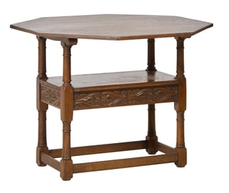 English Carved Oak Monk's Table, 20th c., Closed- H.- 30 1/2 in., W.- 41 in., D.- 41 in.