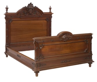 French Belle Epoque Carved Walnut Bed, late 19th c., H.- 65 1/2 in., W.- 82 in., D.- 63 3/4 in.