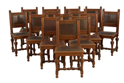 Ten Renaissance Revival Oak Dining Chairs, late 19th c., H.- 37 in., W.- 16 in., D.- 17 in. (10