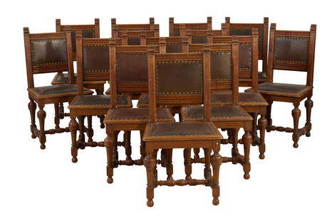 Fifteen Renaissance Revival Oak Dining Chairs, late 19th c., Side Chairs- H.- 37 in., W.- 16 in.: Fifteen Renaissance Revival Oak Dining Chairs, late 19th c., including one armchair and fourteen side chairs, the sloped finialed backs with leather upholstery, moulded trapezoidal seat with conformin