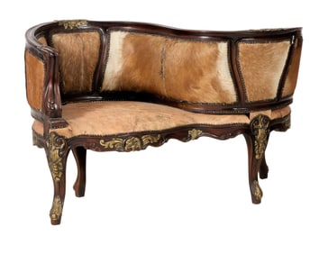 French Louis XV Style Giltwood and Hide Tete-a-Tete, 20th c., H.- 33 in., W.- 55 in., 26 in.