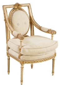 French Louis XVI Style Creme Peinte Giltwood Fauteuil, early 19th c., H.- 40 1/2 in., W.- 26 in.,