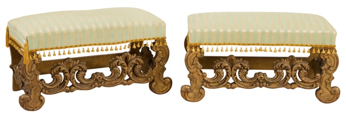 Pair of Italian Style Carved Giltwood Window Seats, 20th c., Each- H.- 21 1/2 in., W.- 39 in., D.-