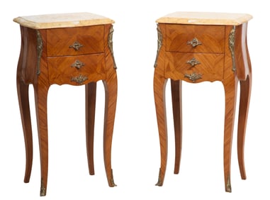Pair of French Louis XV/XVI Transitional Ormolu Mounted Marble Top Nightstands, 20th c., Each- H.-