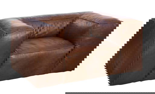 Brutalist Style Leather Armchair, by Restoration Hardware, H.- 29 in., W.- 60 in., D.- 48 in.: Brutalist Style Leather Armchair, by Restoration Hardware, stitched leather panels over an upholstered block modular form, H.- 29 in., W.- 60 in., D.- 48 in.