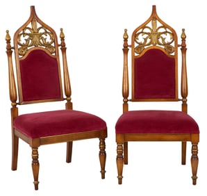 Pair of Continental Gothic Style Gilt Beech Chairs, 20th c., Each- H.- 50 in., W.- 24 in., D.- 22