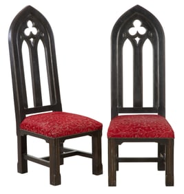 Pair of Tall Ebonized Gothic Style Altar Armchairs, 20th c., Each- H.- 55 in., W.- 20 in., D.- 26