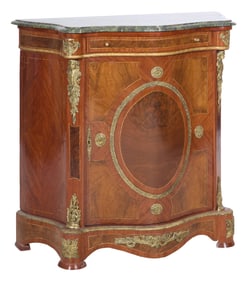 French Napoleon III Style Ormolu Mounted Marble Top Inlaid Parlor Cabinet, 20th c., H.- 40 1/2 in.,