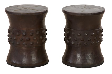 Pair of Thai Bronze Rain Drum Stools, 20th c., Each- H.- 21 in., Dia.- 16 in. (2 Pcs.)