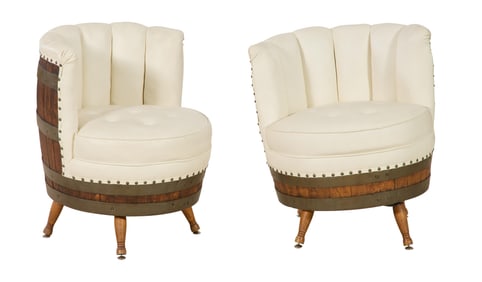 Pair of Leather Barrel Back Oak Chairs, 20th c., Each- H.- 31 in., W.- 26 in., D.- 26 in. (2 Pcs.)