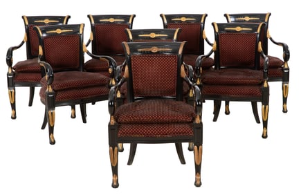 Set of Eight French Empire Style Napoleon III Gilt and Ebonized Armchairs, early 20th c., Each- H.-